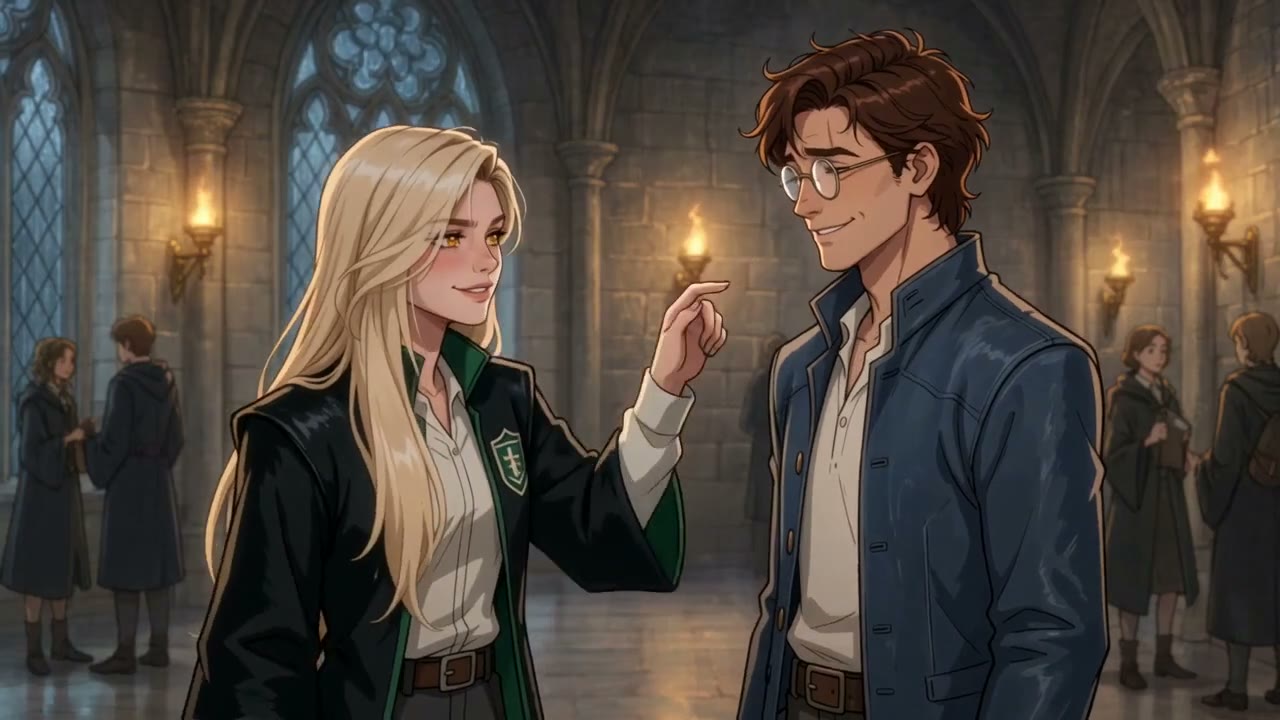 Animated academy corridor with gothic windows, stone arches, and warm brass lighting
